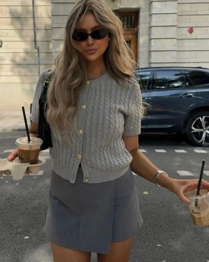 Trendix Women Winter Knit Cardigan Winter Street Fashion Patchwork Ribbed Short Sleeve Sweater Autumn Commute Knitwear Crop Top - Smarsty