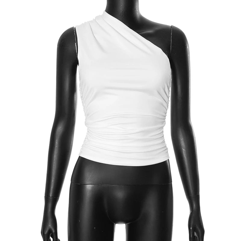 Solid Color One Shoulder Backless Shrink Tank Top T-Shirt Candy Color Tight Sexy Sleeveless Neckless Slim Casaul Top