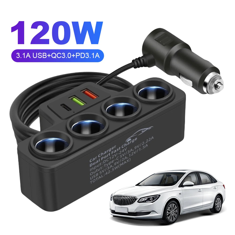Fast Charger Plug QC3.0+PD 3.1A 12V-24V Phone Power Adapter 4-Socket 120W Car Cigarette Lighter Socket Splitter Plug 3 USB Ports