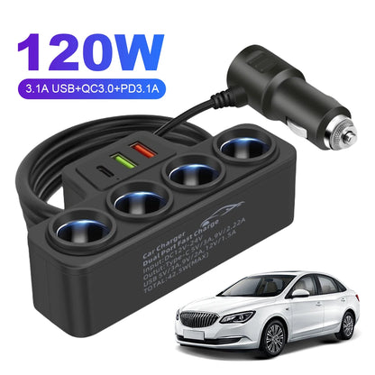 Fast Charger Plug QC3.0+PD 3.1A 12V-24V Phone Power Adapter 4-Socket 120W Car Cigarette Lighter Socket Splitter Plug 3 USB Ports