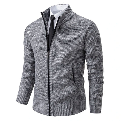 Autumn And Winter New Jersey Men's Casual Sports Coat Solid Color Stand Collar Wweater Grab Fleece Warm Zipper Cardigan - Smarsty