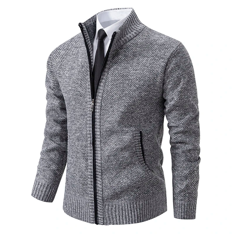 Autumn And Winter New Jersey Men's Casual Sports Coat Solid Color Stand Collar Wweater Grab Fleece Warm Zipper Cardigan - Smarsty