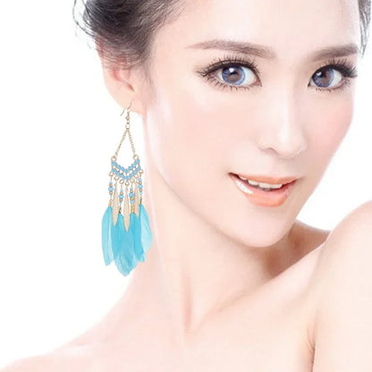 Bohemian Feather Dangle Earrings with Colorful Tassels - Smarsty