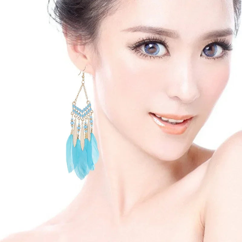 Bohemian Feather Dangle Earrings with Colorful Tassels - Smarsty