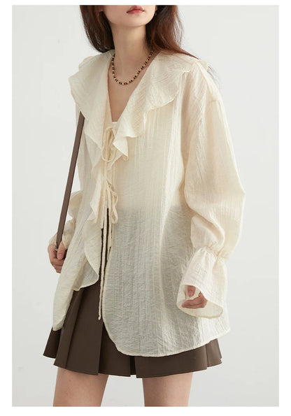 CHIC VEN Women Shirt Loose Casual Ruffled Edges Female Blouses V Neck Lace Up Mid Length Woman Shirts Spring Summer 2024 - Smarsty