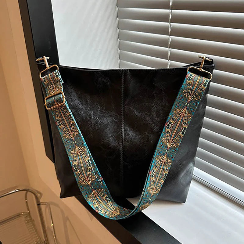 Wide Geometric Strap Shoulder Bag Large Capacity Crossbody Bags For Women,Retro Pu Leather Women's Bag For Shopping Travel - Smarsty
