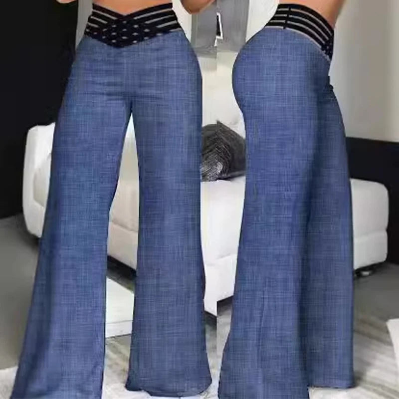 Women Wide Leg Flared Pants Autumn Casual Crisscross Sheer Mesh Patch High Waist Trousers Y2k Streetwear Elegant Work Pant - Smarsty