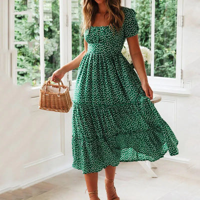 Vestidos Vintage Vintage Print Puff Sleeve summer Beach sweet dresses Casual Square collar floral maxi long dress festa - Smarsty
