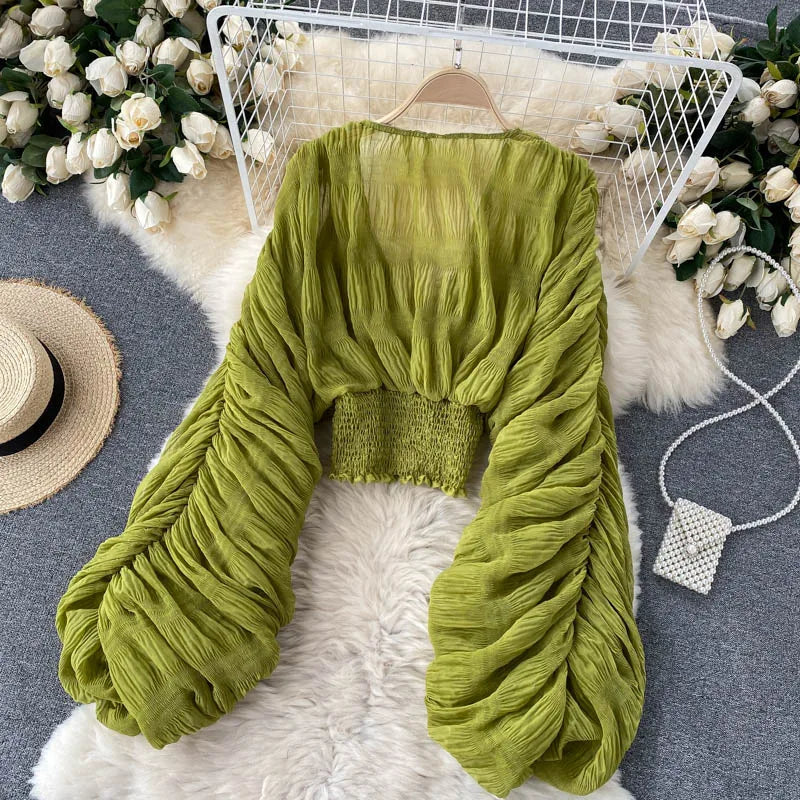 Women Sexy Chiffon Short Blouse Female See Through Super Long Sleeve Blusas Purple/Green/Black/White Folds Party Tops 2022 New - Smarsty