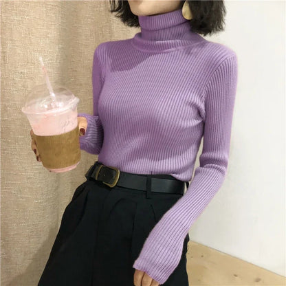 2024 Autumn Winter Thick Sweater Women Knitted Ribbed Pullover Sweater Long Sleeve Turtleneck Slim Jumper Soft Warm Pull Femme - Smarsty