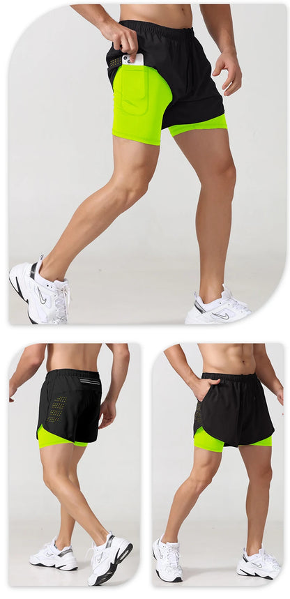 Men's Running Shorts Quick-drying Fitness Black Double Layer Shorts Men New Sport Workout Training Bodybuilding Short Pants - Smarsty
