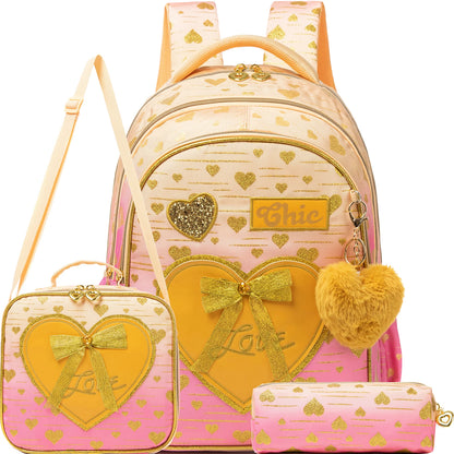 Girls Backpack With Bowknot Ribbon And Lunch Bag Pen Case - Smarsty