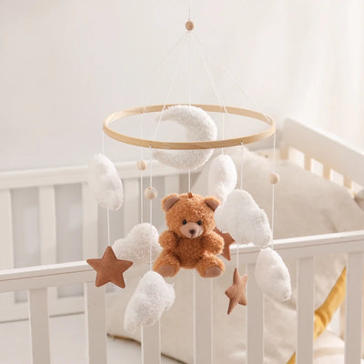 Wooden Crib Mobile Baby Bed Bell Rattle Toy Soft Felt Cartoon Bear Mobile Hanging Newborn Music Box Bed Bell Hanging Bracket Toy by Smarsty
