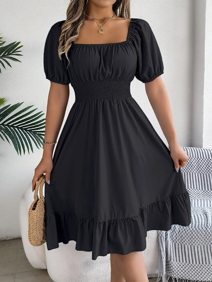 Women's MIidi Dresses 2024 Summer Casual Square Neck Short Sleeved Waist Ruffle Edge Dress Dress Women Elegant Платья Женские - Smarsty