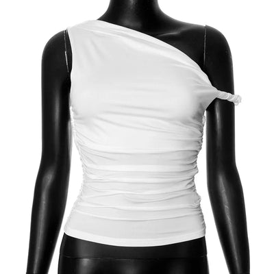 Simple Basic Casual Summer Tank Top Sleeveless Solid Color Off Shoulder Side Ruched Crop Tops Vestidos Spring Women T S - Smarsty