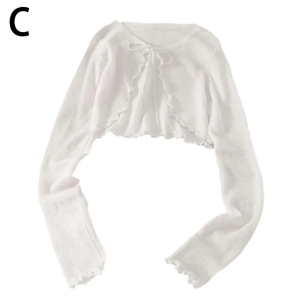 Summer Women Thin Sunscreen Cardigan Lace-up Knitwear Tops Female Korean Style Lantern Sleeve Short Coat Casual Sun Protected - Smarsty