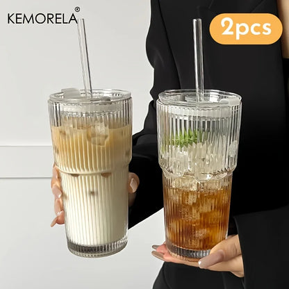 600ML Eco-Friendly Stripe Glass Coffee Cup with Lid - Smarsty