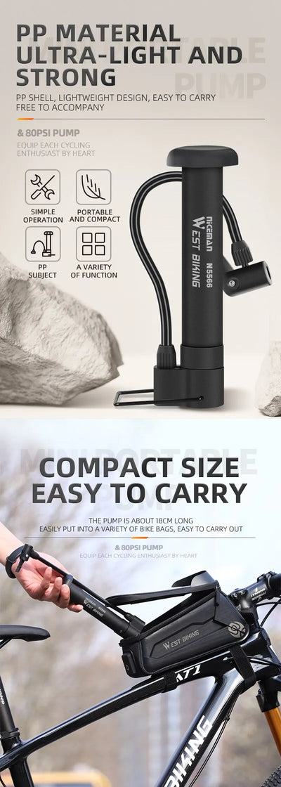 WEST BIKING MTB Bicycle Pump 80 PSI Bike Manual Air Pump Balloon Tire Inflator Schrader Valve Floor Pump Cycling Accesories - Smarsty