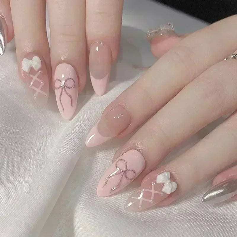 24Pcs Pink Almond False Nails with French Design - Smarsty