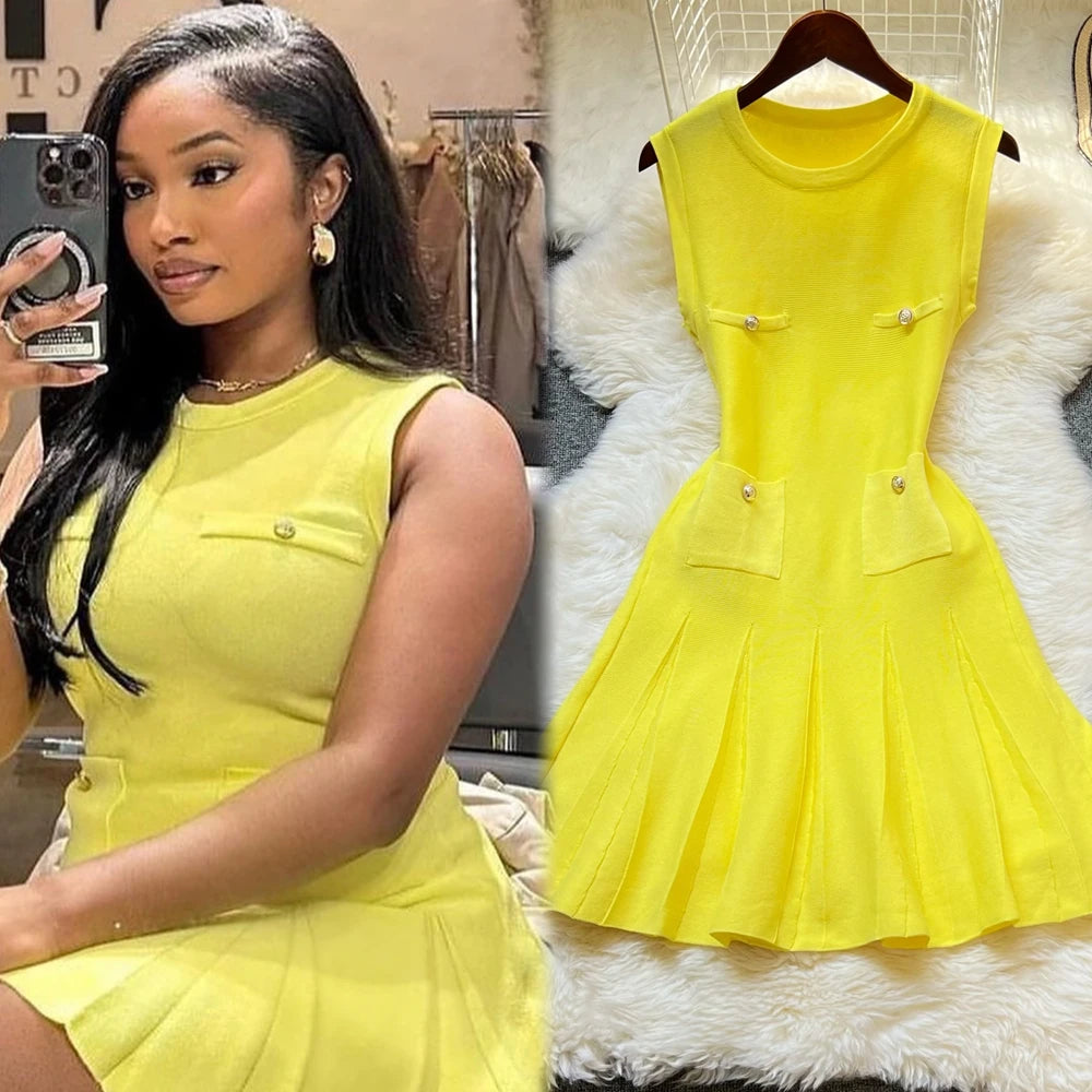 YuooMuoo Chic Fashion 2025 Summer Pleated Short Dress Women O-neck Slim Waist A-line Party Dress Streetwear Lady Outfits Vestido - Smarsty