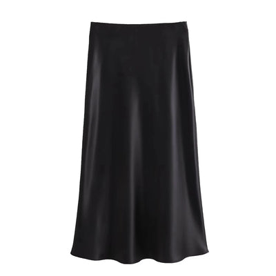 TRAFZA 2024 Y2K Casual Women Long Skirt Spring Elastic High Waisted A-Line Casual Female Satin Skirts High Street Lady Skirts - Smarsty