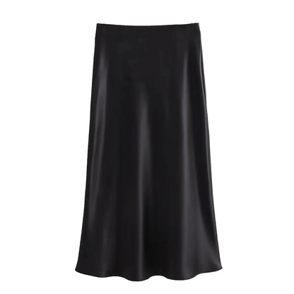 TRAFZA 2024 Y2K Casual Women Long Skirt Spring Elastic High Waisted A-Line Casual Female Satin Skirts High Street Lady Skirts - Smarsty