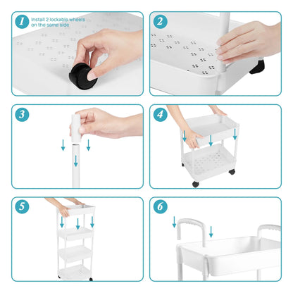 Plastic Rolling Utility Cart with Handle Storage Trolley for Office, Living Room, Kitchen, Movable Storage Organizer with Wheel by Smarsty