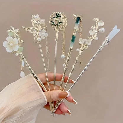 1/6pcs Elegant Chinese Style Tassel Hair Stick Traditional Floral Design Hairstyle Accessory Women Jewelry Hairpin Hairneedle