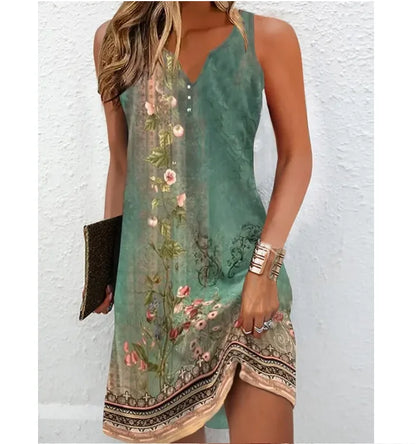 Women's Dresses Summer Fashion Stitching V Neck Loose  Bohemian Vacation Woman Basic sleeveless Vestidos - Smarsty
