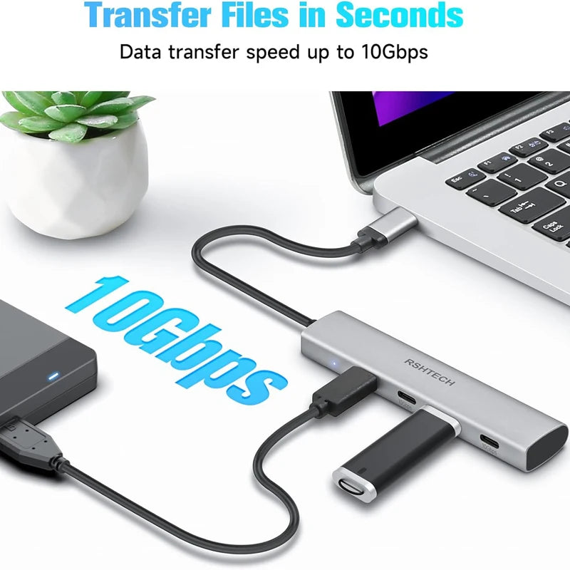 USB C Hub 4 Port Aluminum Gen2 Data Dongle Portable