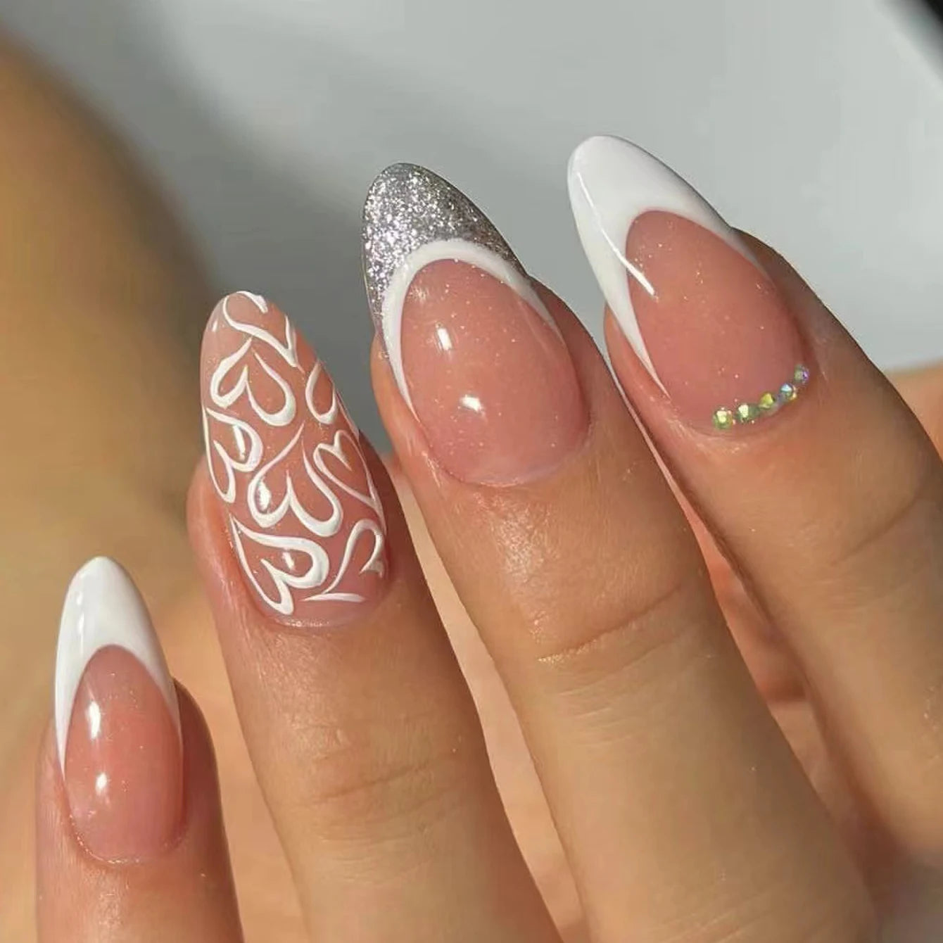 24PCS French Almond Fake Nails with Pearl Trim - Smarsty