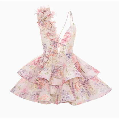 Backless Party Dress Women Elegant 3D Flower Print Sling Lace Up Ruffle A-line Mini Evening Dresses Female 2025 Summer Swimwears - Smarsty