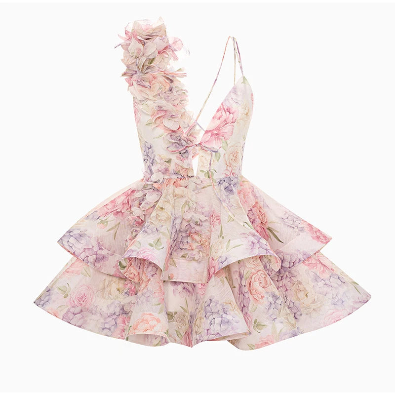 Backless Party Dress Women Elegant 3D Flower Print Sling Lace Up Ruffle A-line Mini Evening Dresses Female 2025 Summer Swimwears - Smarsty