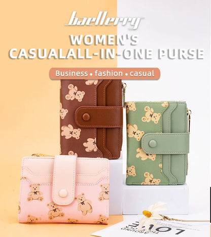 Women Short Wallets PU Leather Female Bifold Purses Cute Bear Card Holder Wallet for Girl Small Zipper Wallet with Coin Purse - Smarsty