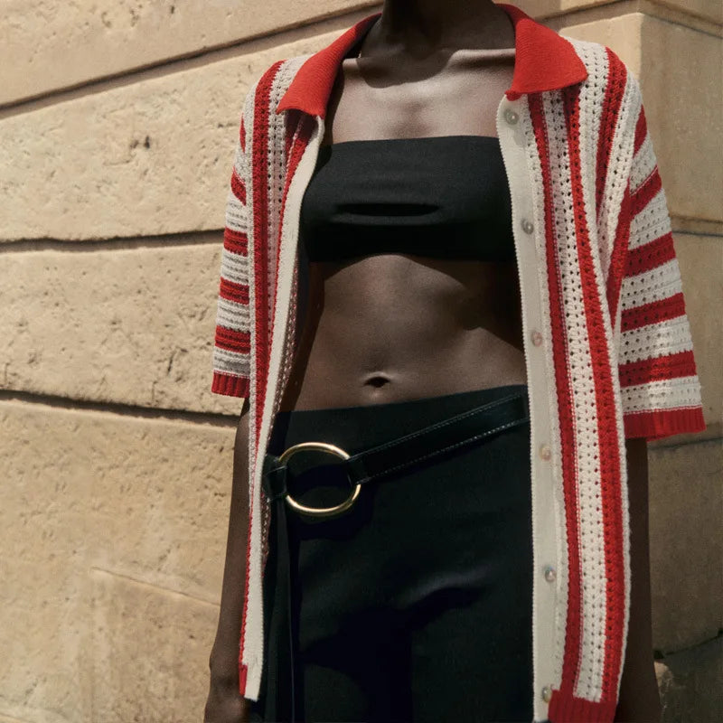 Striped Lapel Cardigan Women's Spring Summer 2025 New Button Knitted Contrast Short-sleeved Cardigan Street Women's Clothing - Smarsty
