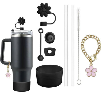 9pcs Accessories Set 3 Spill Proof Stopper Flowers Straw Cover Boot 2 Straw and Brush and 1 Flower Charm Chain for Stanley Cup - Smarsty