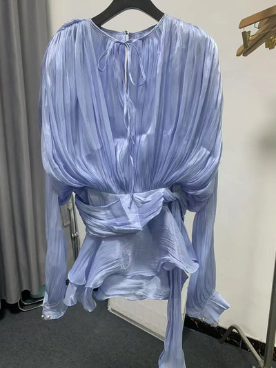 GALCAUR Solid Loose Splicd Lace Up Dresses For Women V Neck Long Sleeves Patchwork Ruffles Tunic Dreses Female Fashio New - Smarsty