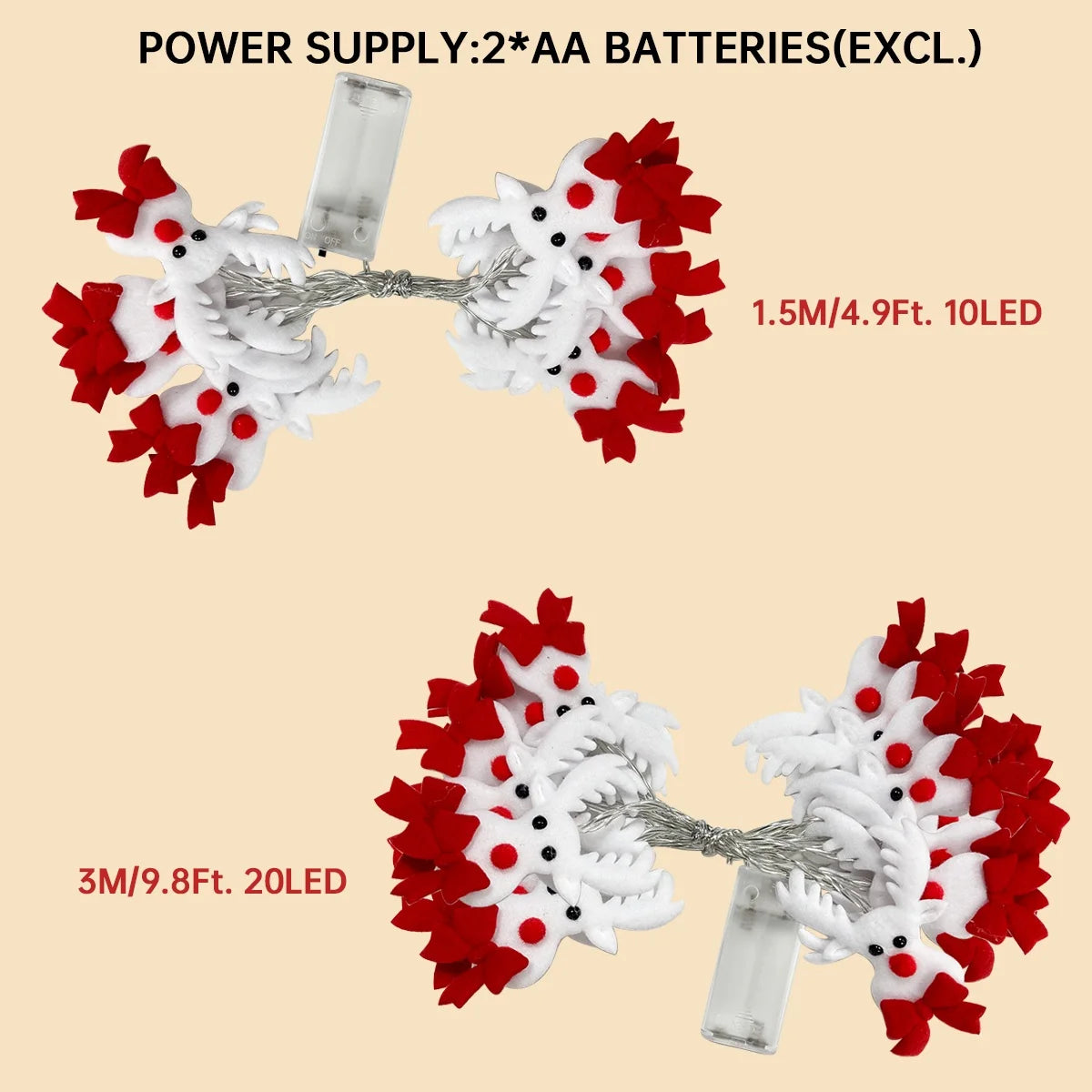 Battery Operated Reindeer String Lights 20 LED | Warm White Elk Fairy Lights for Christmas Tree, Bedroom & Holiday Party Decor