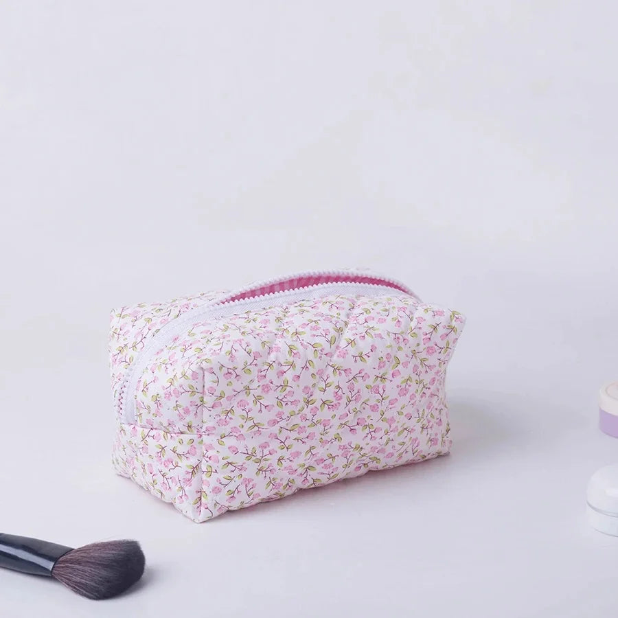 Storage Organizer Floral Puffy Quilted Makeup Bag Flower Printed Cosmetic Pouch Large Travel Cosmetic Bag Makeup Accessory - Smarsty