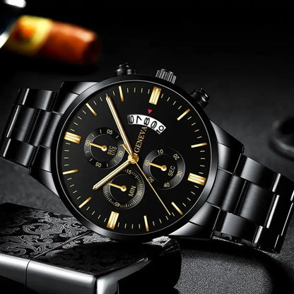 Luxury Black Stainless Steel Men's Watch with Calendar Feature - Smarsty