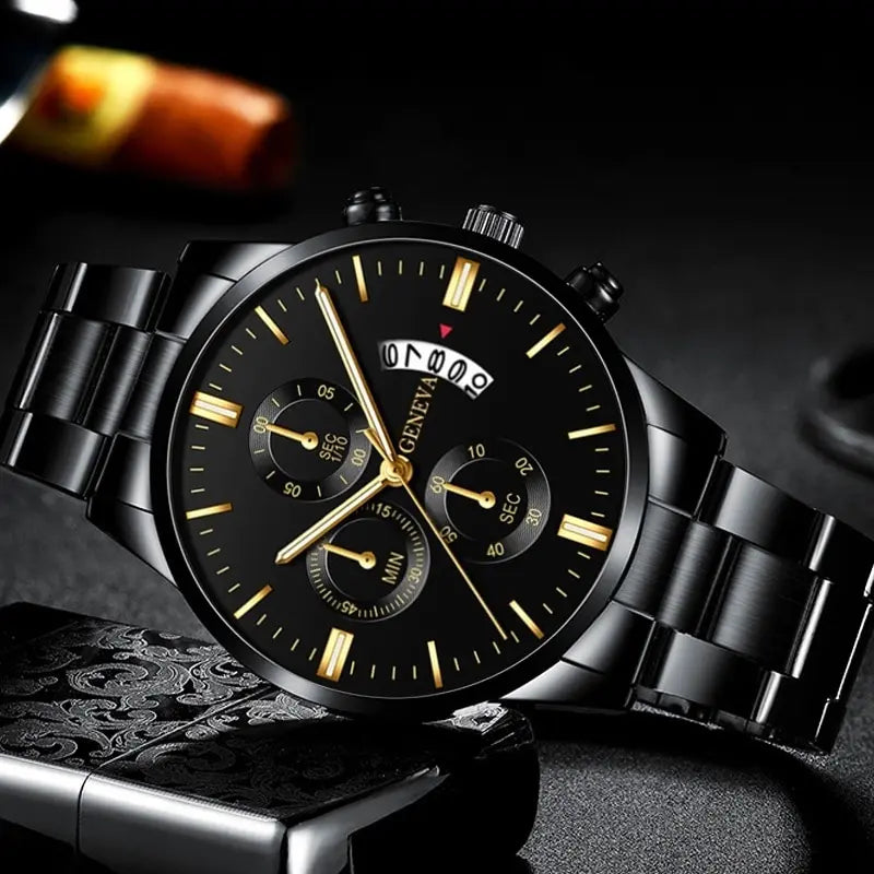 Luxury Black Stainless Steel Men's Watch with Calendar Feature - Smarsty