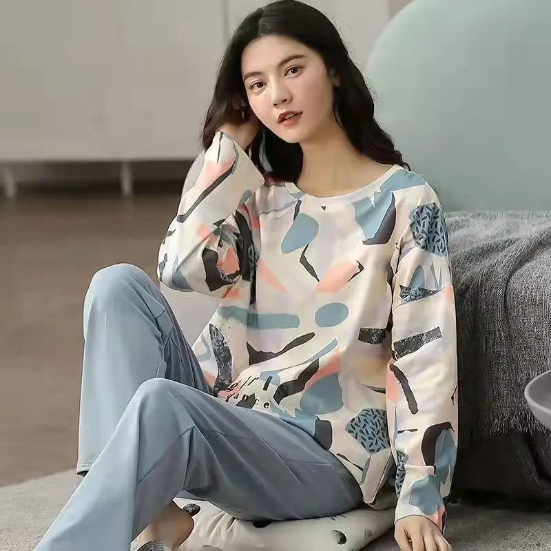 Spring and Autumn New Ladies Pajamas Homewear Set of Long-Sleeved Autumn and Winter Homewear Women Plus Size Pajamas Set - Smarsty