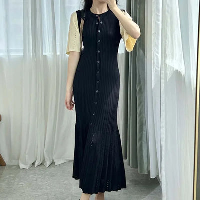 Summer-style fashionable openwork French slimming A-line short-sleeved knitted dress, fishtail long dress for women - Smarsty
