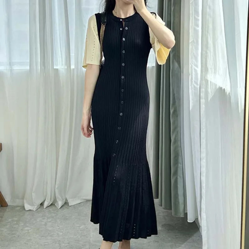 Summer-style fashionable openwork French slimming A-line short-sleeved knitted dress, fishtail long dress for women - Smarsty