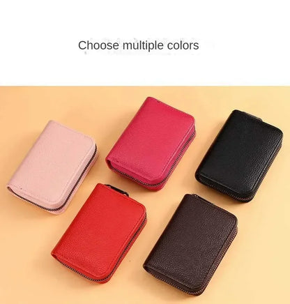 Multi Slot Card Holder Vintage Small Wallet Women Men Business Bank Credit Card Bag Male Coin Pouch Solid Leather Zipper Wallet - Smarsty