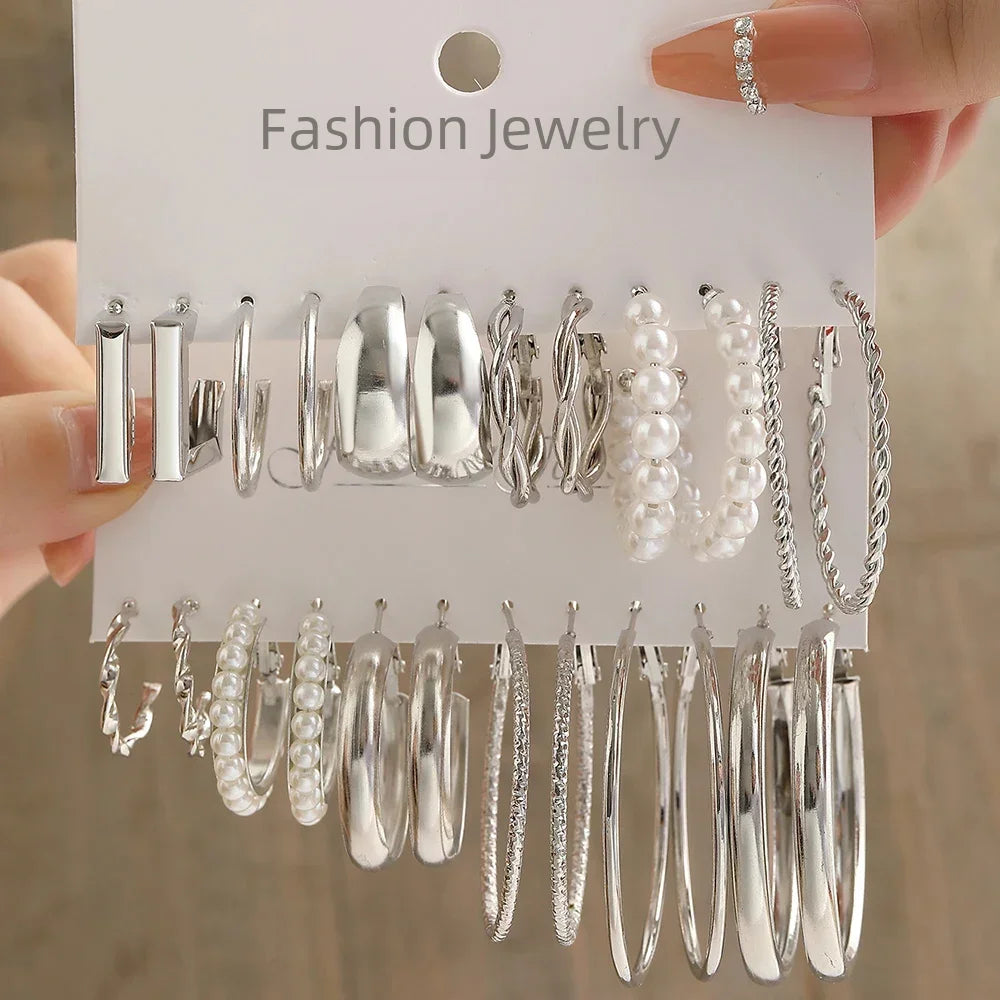 Vintage Silver Y2K Pearl Hoop Earrings Geometric Set - Smarsty