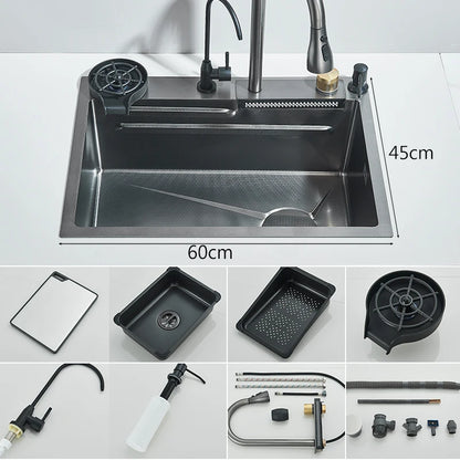 Large 304 Stainless Steel Waterfall Kitchen Sink with Faucet - Smarsty