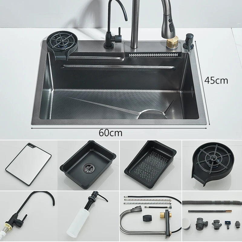 Large 304 Stainless Steel Waterfall Kitchen Sink with Faucet - Smarsty