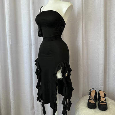 Women Strapless Sexy Floral Fold Hemline High Slit Mini Dress 2024 Solid Backless Sleeveless Black And Pink Party Dress Vestidos - Smarsty