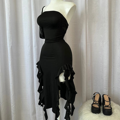 Women Strapless Sexy Floral Fold Hemline High Slit Mini Dress 2024 Solid Backless Sleeveless Black And Pink Party Dress Vestidos - Smarsty